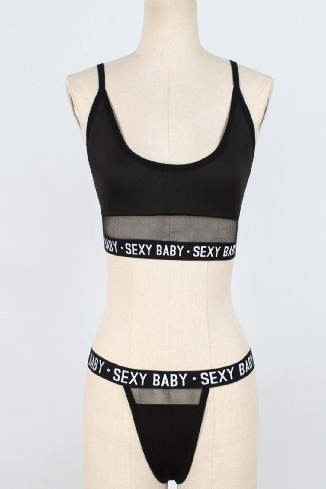 Two Piece Lingerie Set, Push-Up Bra, Thong, Graphic Waistband Lettering 'SEXY BABY', Available in White, Black & Red