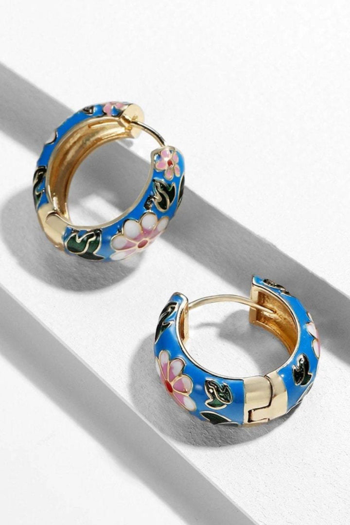 Beautiful Flower Enamel Earrings, Blue and Red Colors with Gold Finish. Colorful Hoop Earrings. Perfect Gift Idea (48 Hour Dispatch)