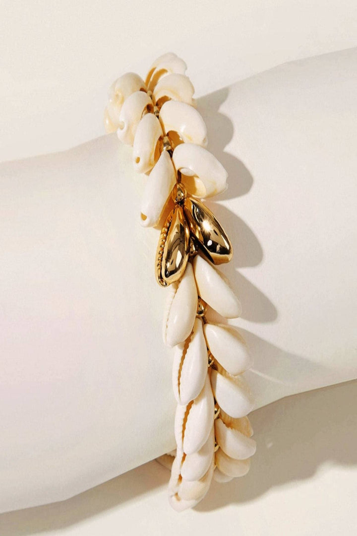 Natural Shell Bracelet with Two Gold Coloured Shells, Adjustable Tie Cord, Perfect Gift (48 Hour Dispatch)