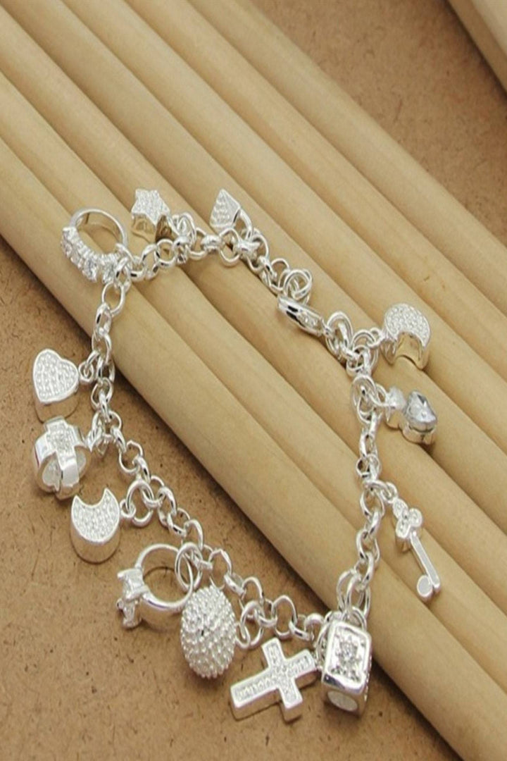 Bracelet, Silver Finish, Multi Charm, Rhinestone Crystal Bracelet. Beautiful Gift (48 Hour Dispatch)