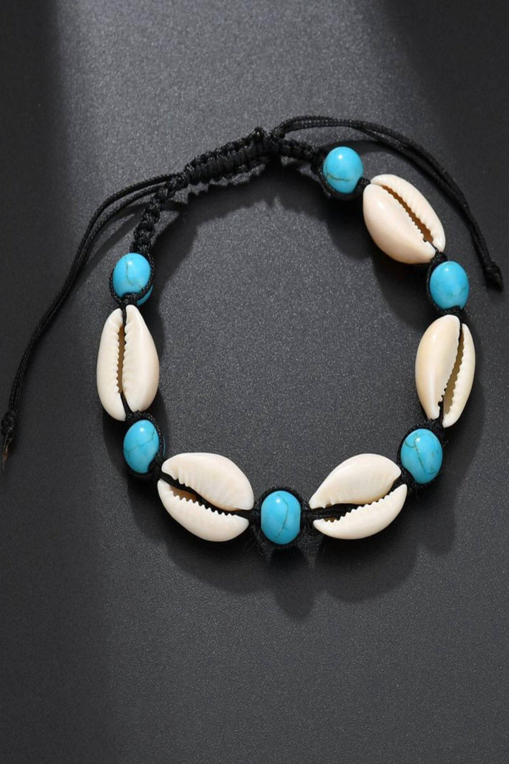 Natural Shell Bracelet with Turquoise Beads, Adjustable Tie Cord, Ideal Gift (48 Hour Dispatch)