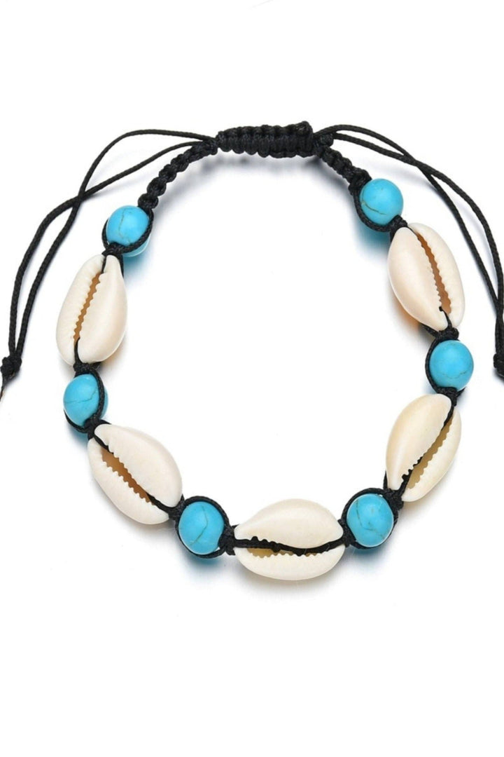 Natural Shell Bracelet with Turquoise Beads, Adjustable Tie Cord, Ideal Gift (48 Hour Dispatch)