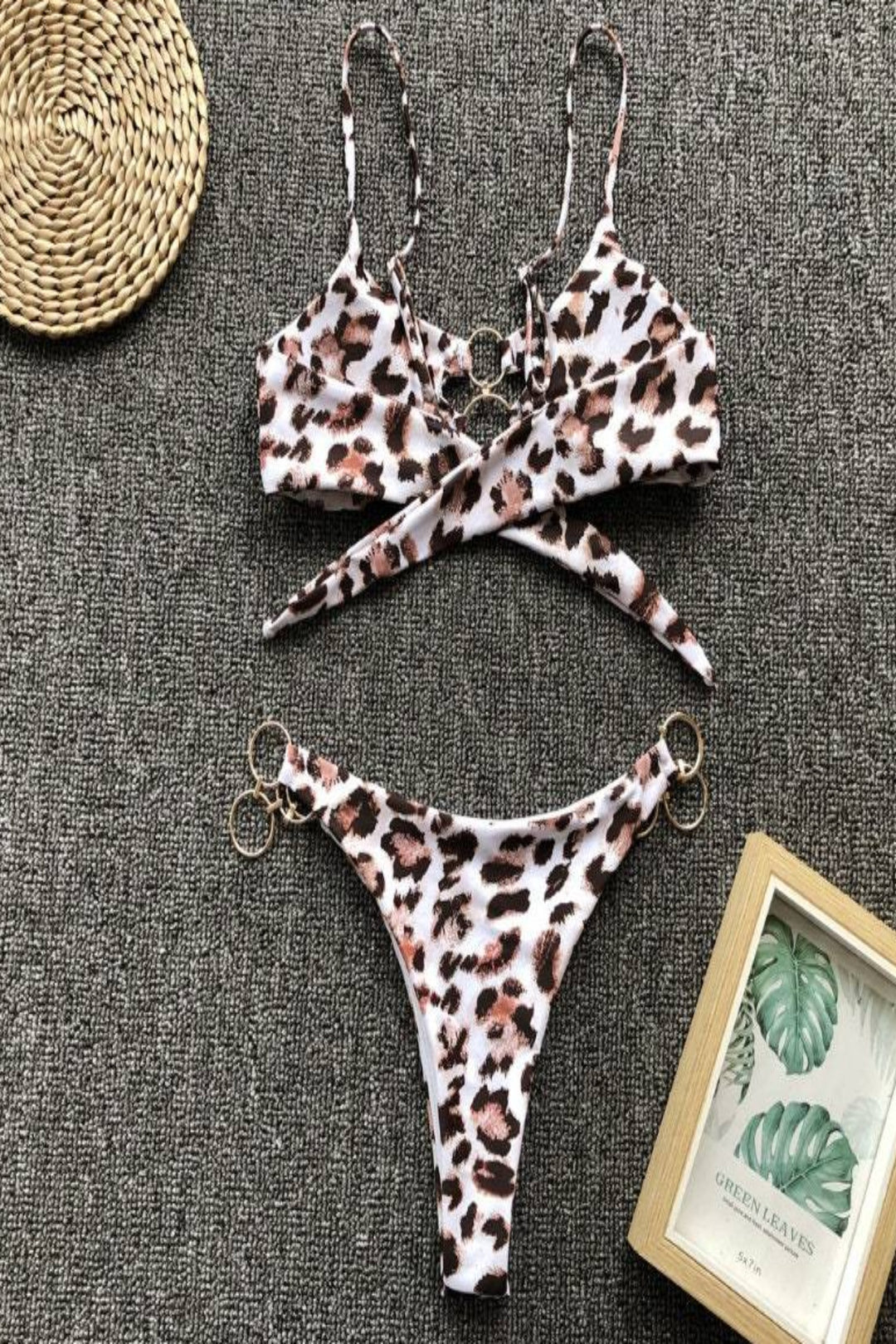 Animal Print Bikini, Two Piece with Chain Detail, Black, Brown, Cream, Beige Leopard Print, ideal for the Beach, Pool, Holiday