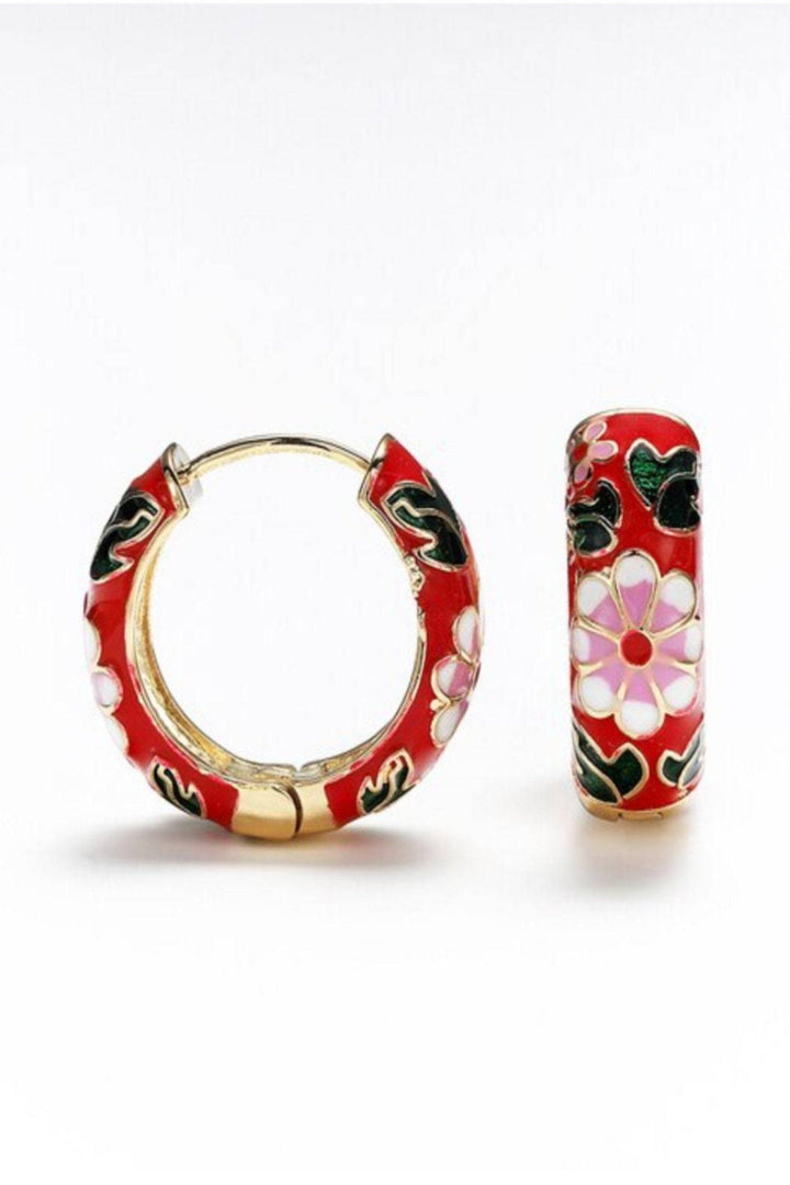 Beautiful Flower Enamel Earrings, Blue and Red Colors with Gold Finish. Colorful Hoop Earrings. Perfect Gift Idea (48 Hour Dispatch)