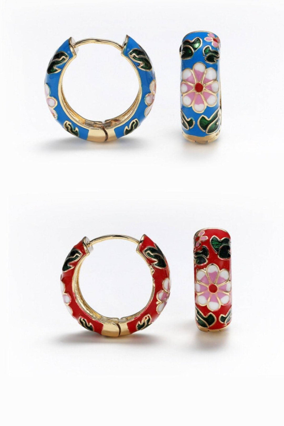 Beautiful Flower Enamel Earrings, Blue and Red Colors with Gold Finish. Colorful Hoop Earrings. Perfect Gift Idea (48 Hour Dispatch)