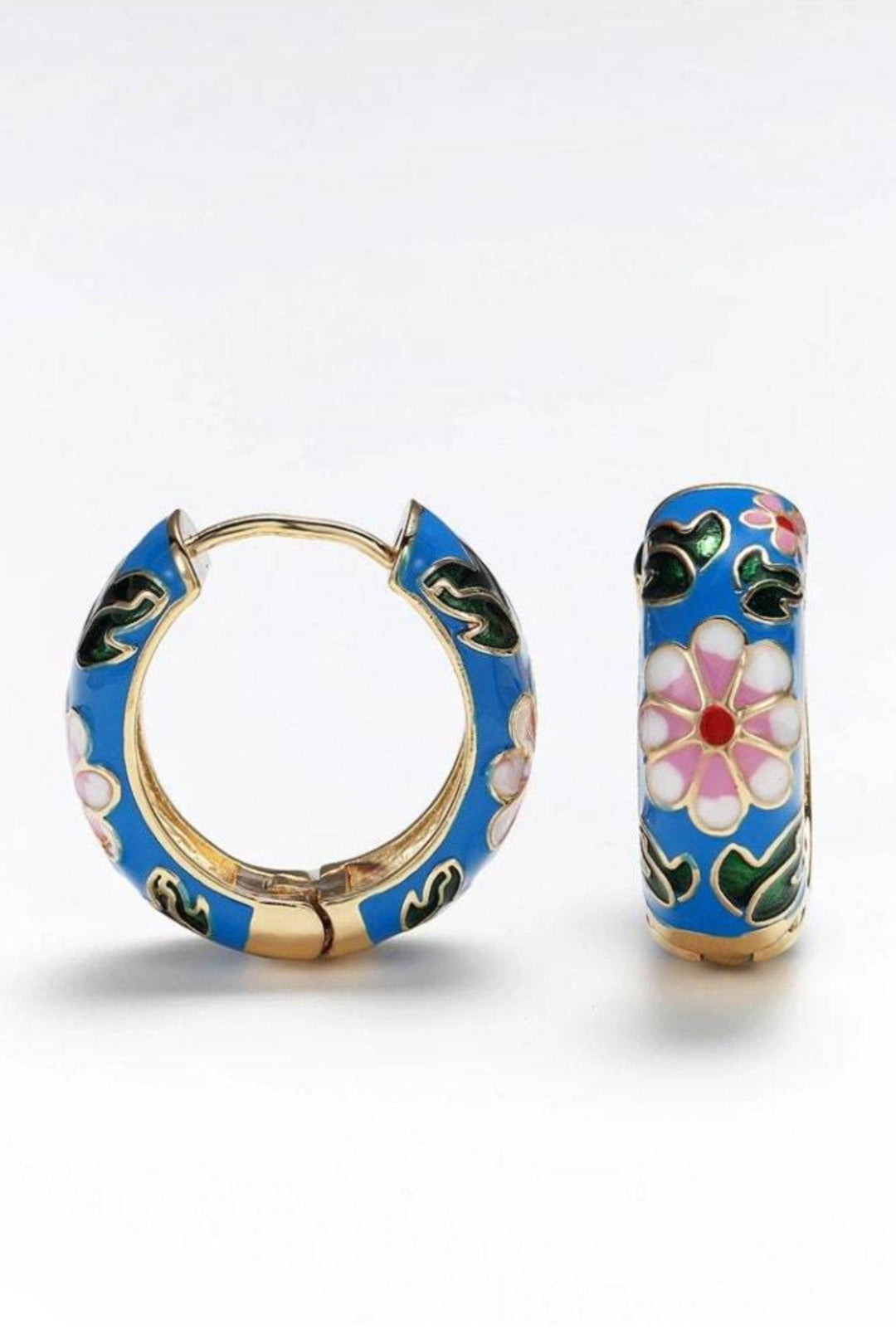 Beautiful Flower Enamel Earrings, Blue and Red Colors with Gold Finish. Colorful Hoop Earrings. Perfect Gift Idea (48 Hour Dispatch)