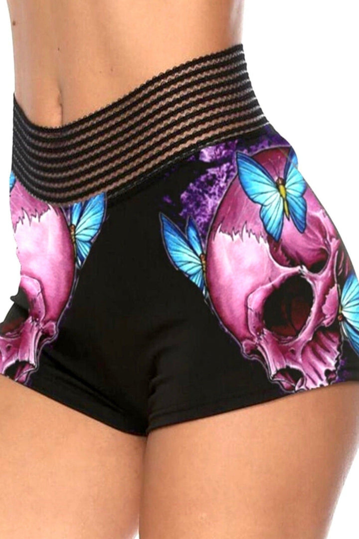 High Waist Gym, Sports, Work out, Fitness, Yoga, Pilates Shorts, Skull Print, Stretch Comfortable Fabric