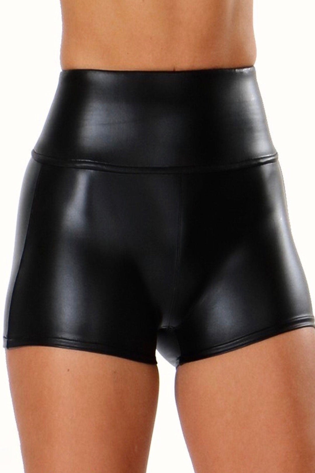 Black PU Faux Leather Shorts, High Waist, Spandex