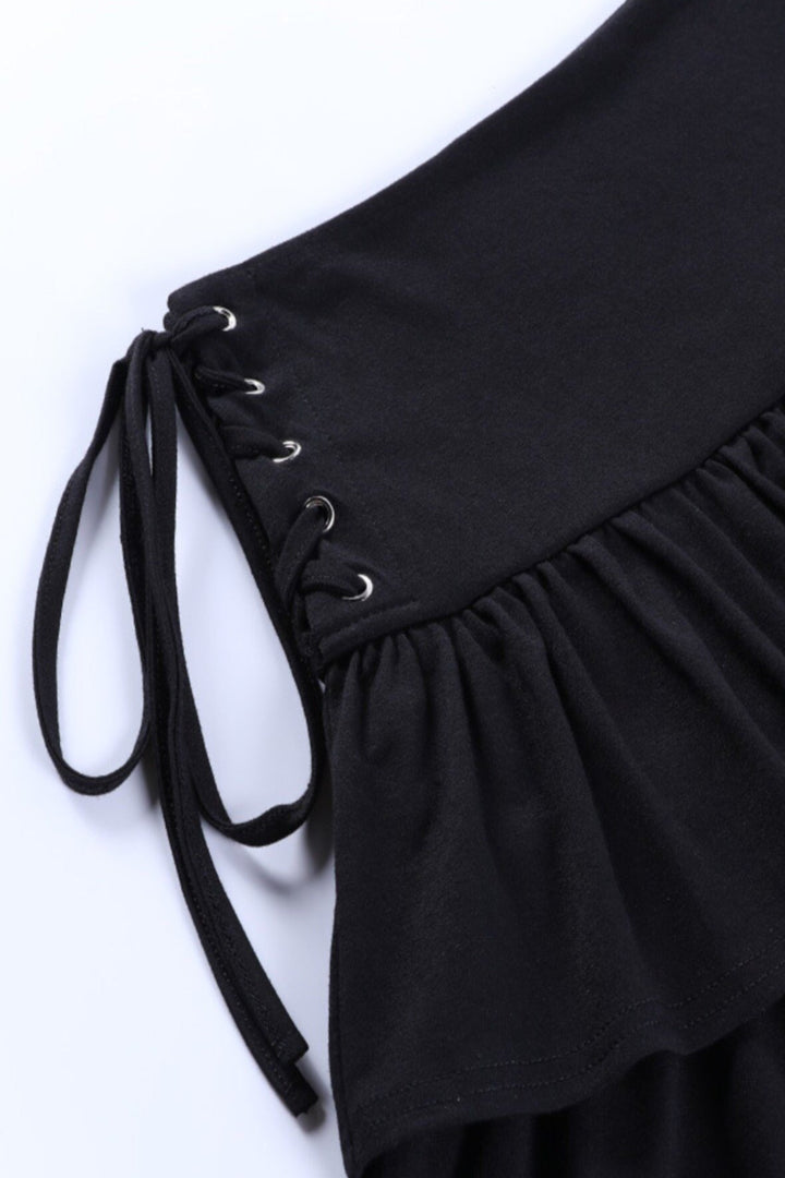 Black Short Skirt, High Waist with Lace Tie Side Detail  Skirt