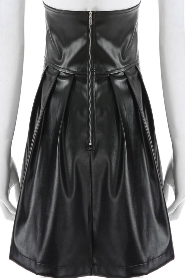 Black High Waist Pleated PU Faux Leather Skirt with Lace Tie Front Detail, Short BlackSkirt