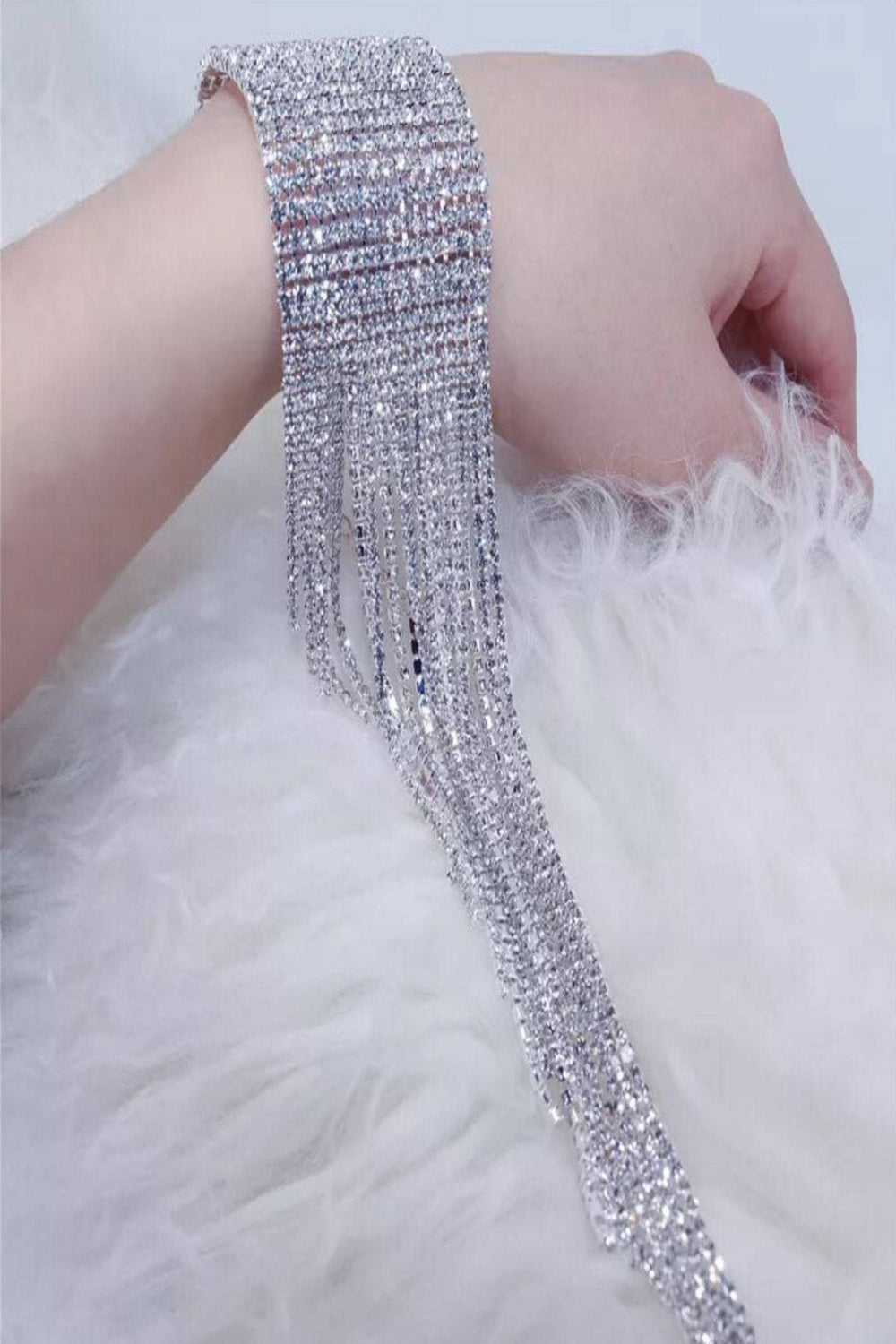 Stunning Cuff, Rhinestone Crystal, Silver Finish, Long Tassel Rhinestone Bracelet.  Perfect Gift - Hayati London