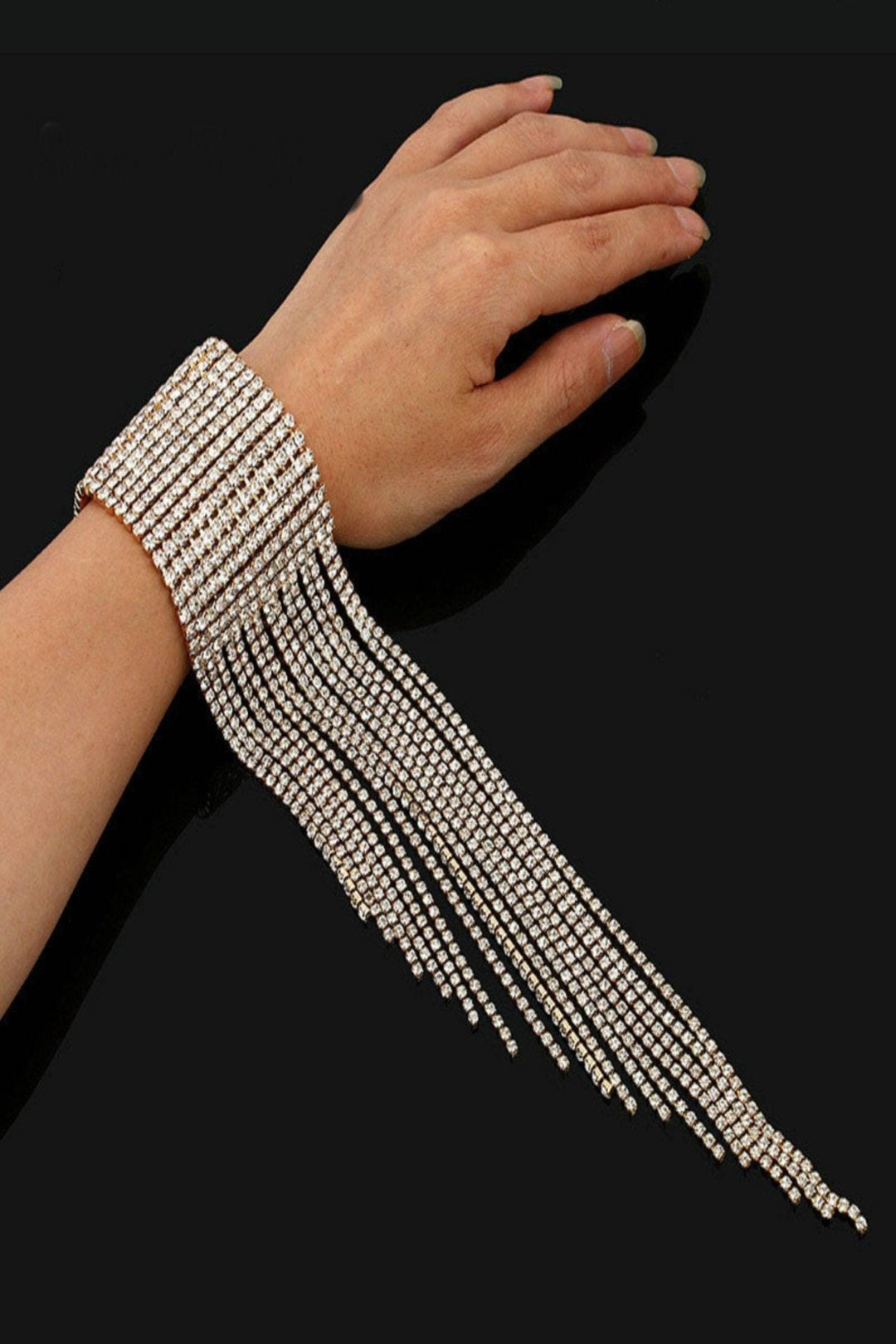 Stunning Cuff, Rhinestone Crystal, Silver Finish, Long Tassel Rhinestone Bracelet.  Perfect Gift - Hayati London