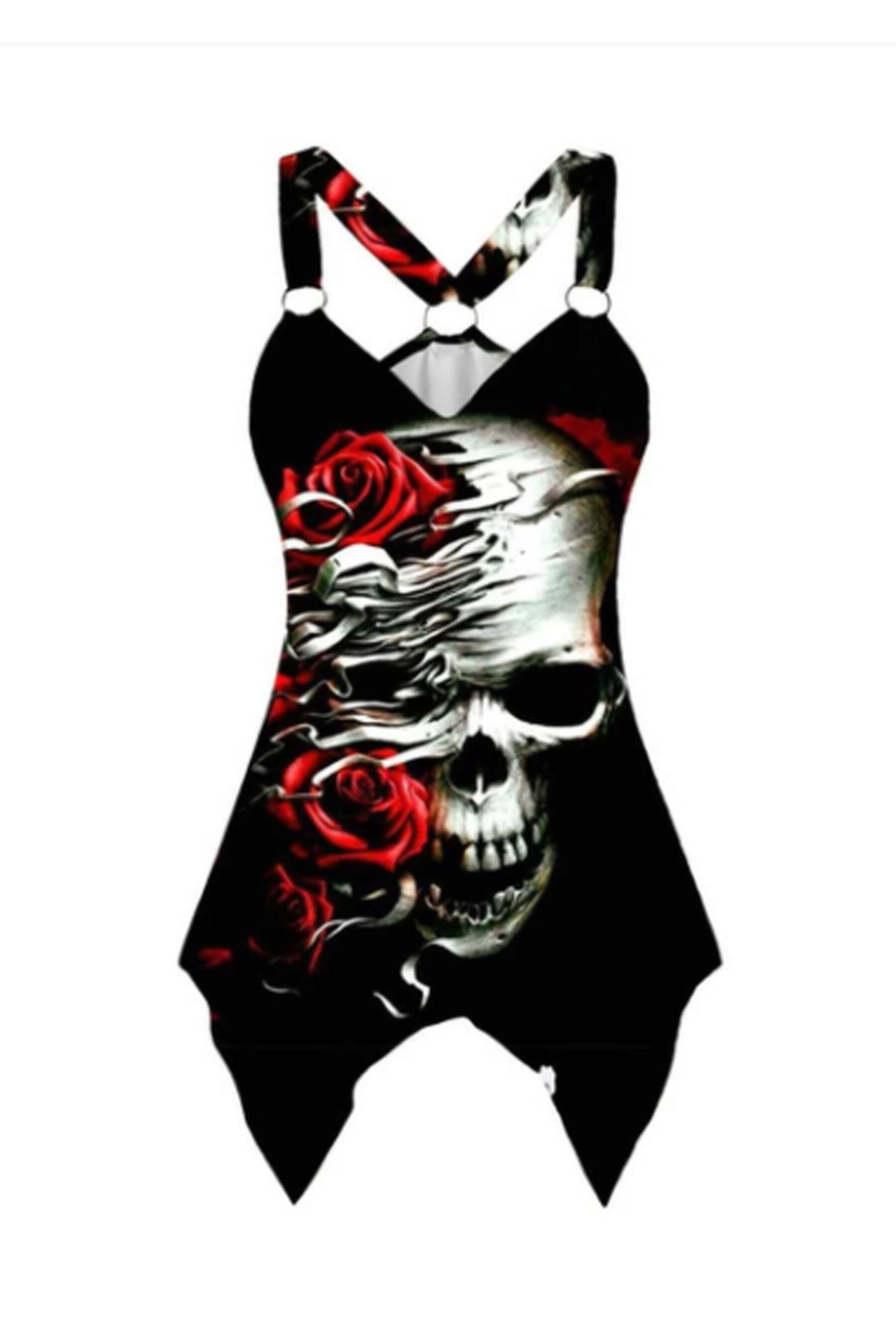 Y2K Gothic Graphic Tank Top, Crossover Back Strap, V-Neck Skull Punk Design Tank Top