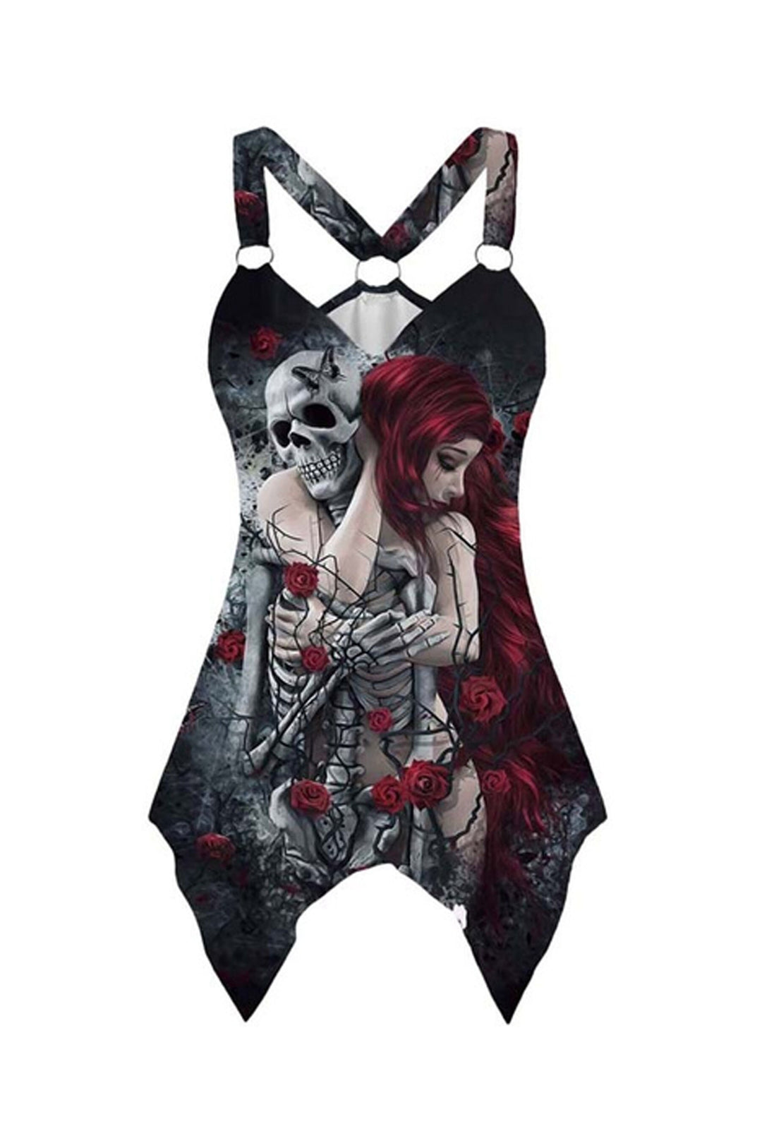 Y2K Gothic Graphic Tank Top, Crossover Back Strap, V-Neck Skull Punk Design Tank Top