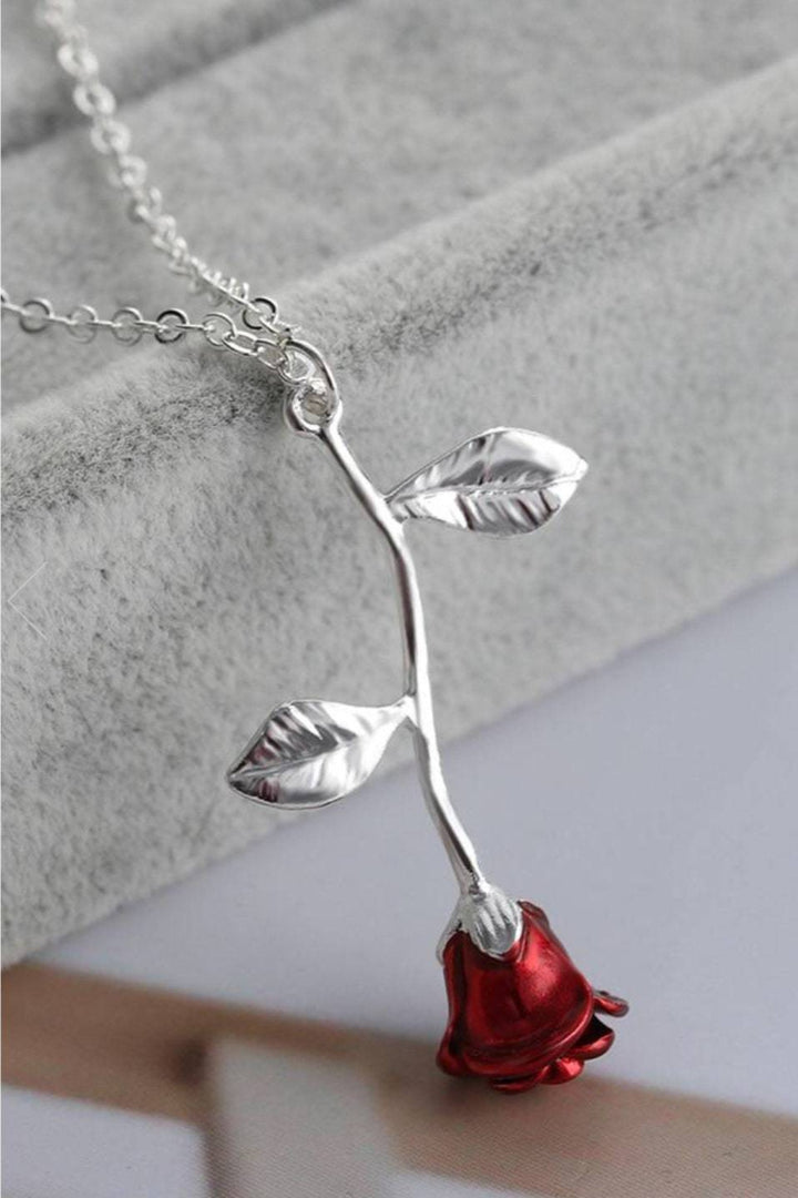 Pretty Red Rose Pendant Necklace, Gold or Silver Finish, Beautiful Gift - Hayati London