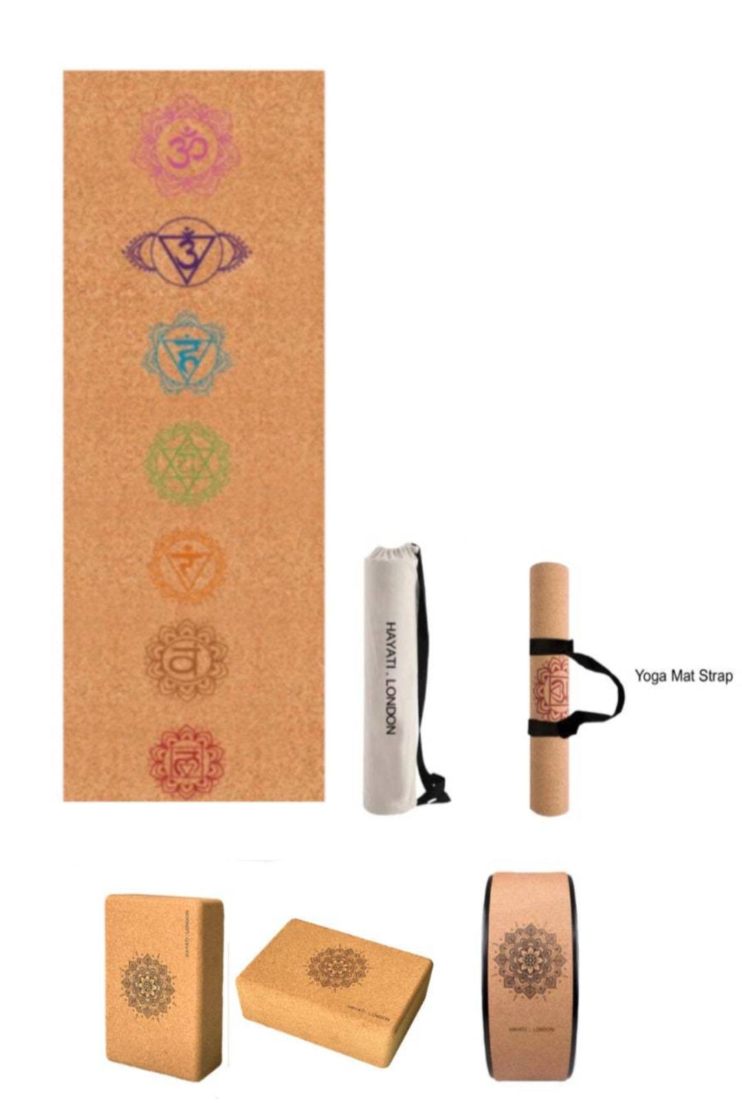 Yoga Mat Starter Set - Includes: Natural Cork Yoga Mat + Strap + Carry Case + 2 x Yoga Blocks + Yoga Wheel. 5 Designs.  Perfect - Hayati London