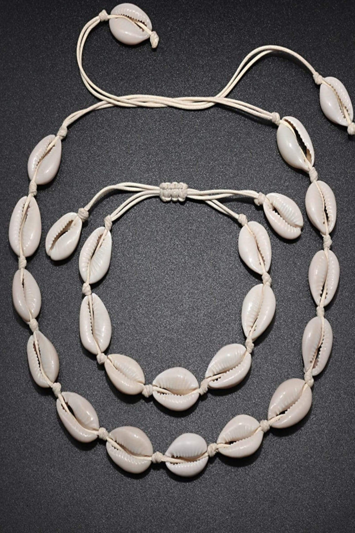 Natural Shell Necklace and Matching Bracelet with Adjustable Tie Cord, Choice of two colors, ideal gift  (48 Hour Dispatch)