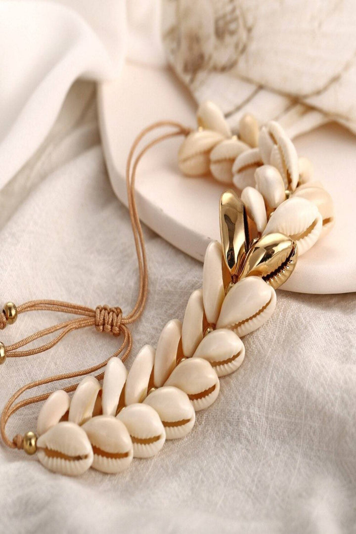 Natural Shell Bracelet with Two Gold Coloured Shells, Adjustable Tie Cord, Perfect Gift (48 Hour Dispatch)