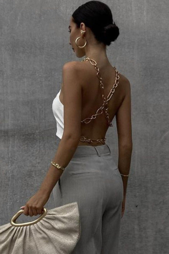 Backless Chunky Gold Cross Chain Detailing White Crop Top, Cut Out Chain Crop Top