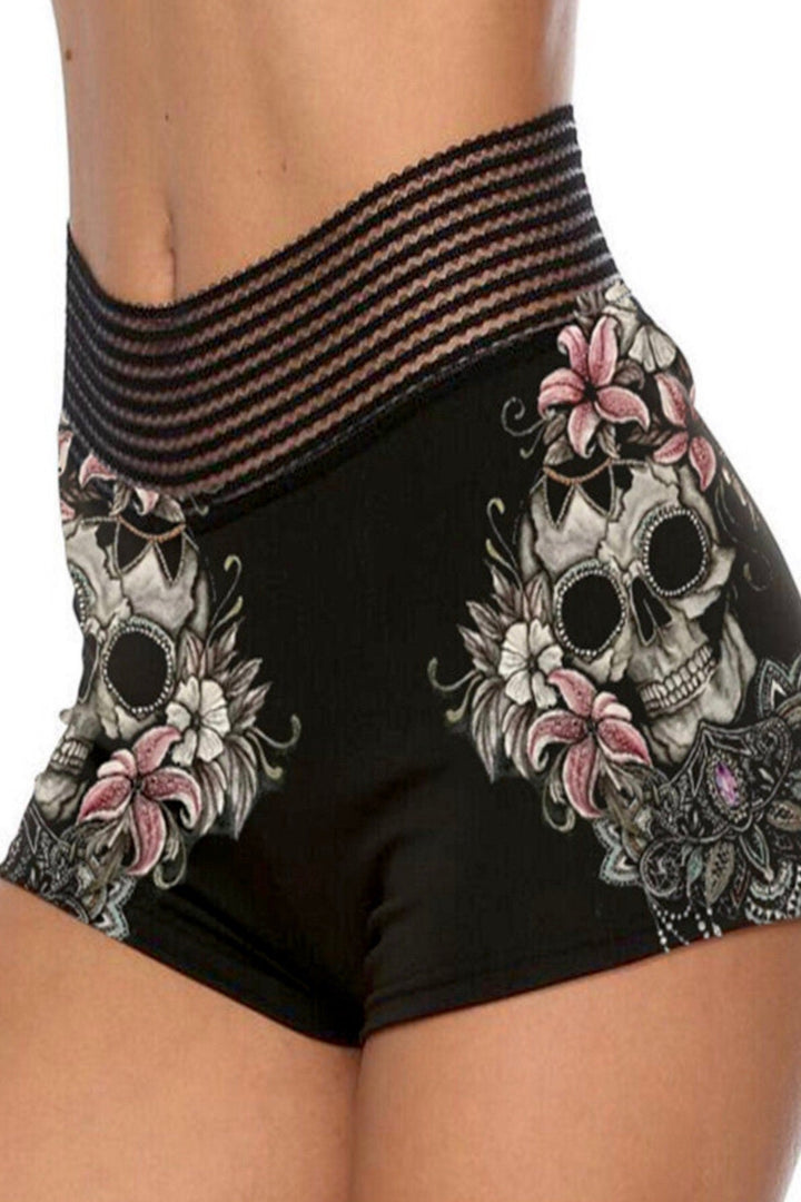 High Waist Gym, Sports, Work out, Fitness, Yoga, Pilates Shorts, Skull Print, Stretch Comfortable Fabric