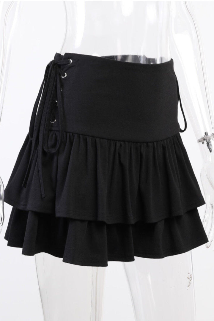 Black Short Skirt, High Waist with Lace Tie Side Detail  Skirt