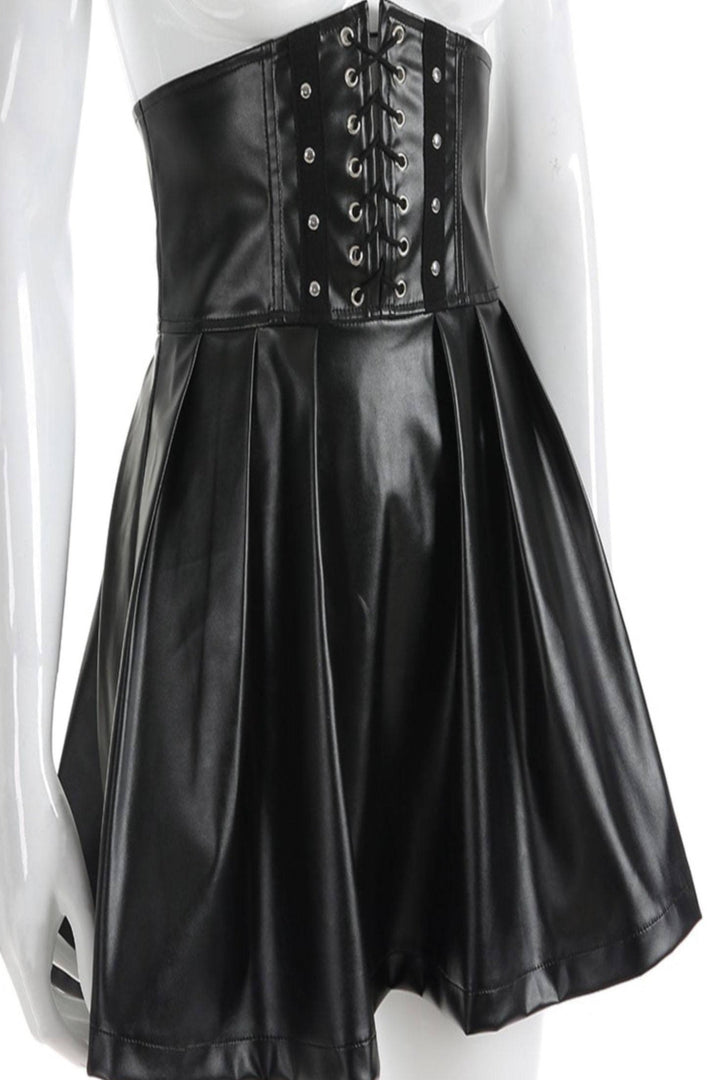 Black High Waist Pleated PU Faux Leather Skirt with Lace Tie Front Detail, Short BlackSkirt