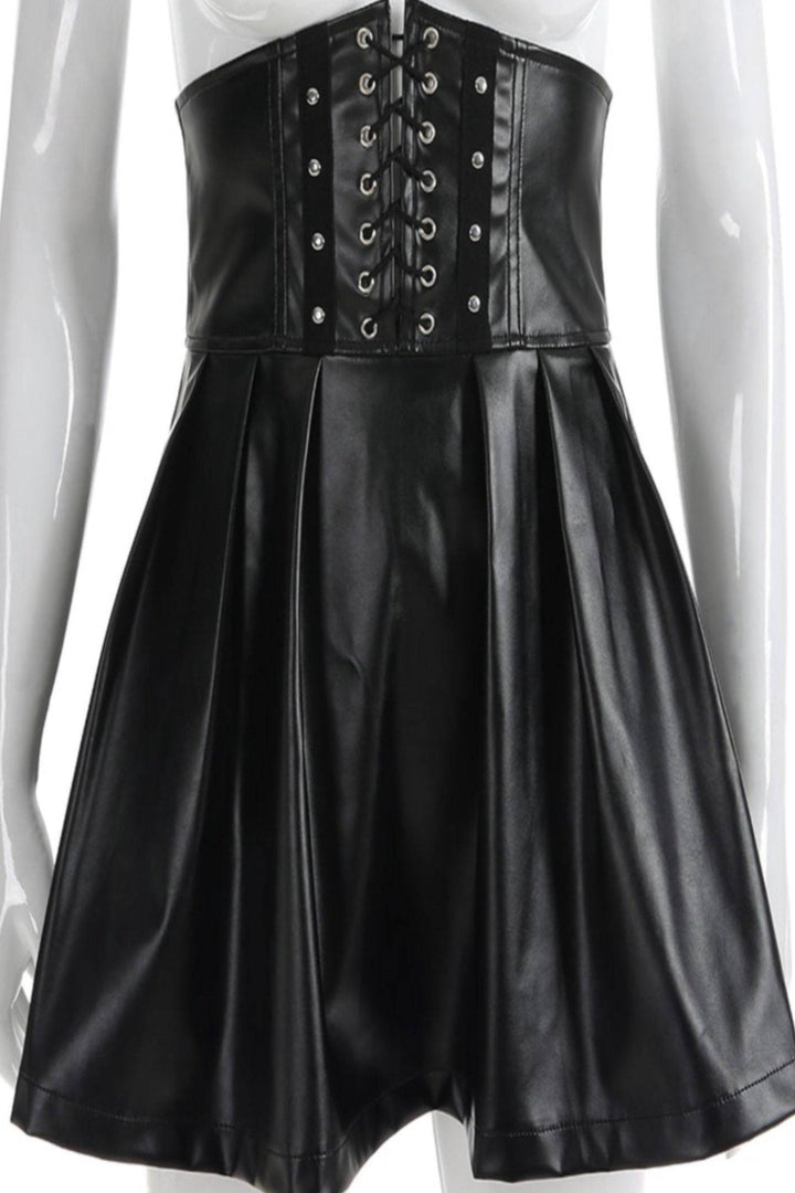 Black High Waist Pleated PU Faux Leather Skirt with Lace Tie Front Detail, Short BlackSkirt