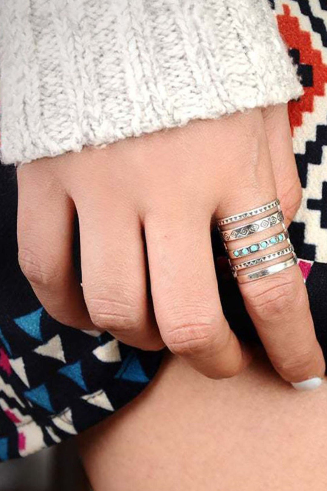 Silver Ring, Boho, Hippie Multi-layered Wide Ring, Geometric Design, Turquoise Beads (48 Hour Dispatch)