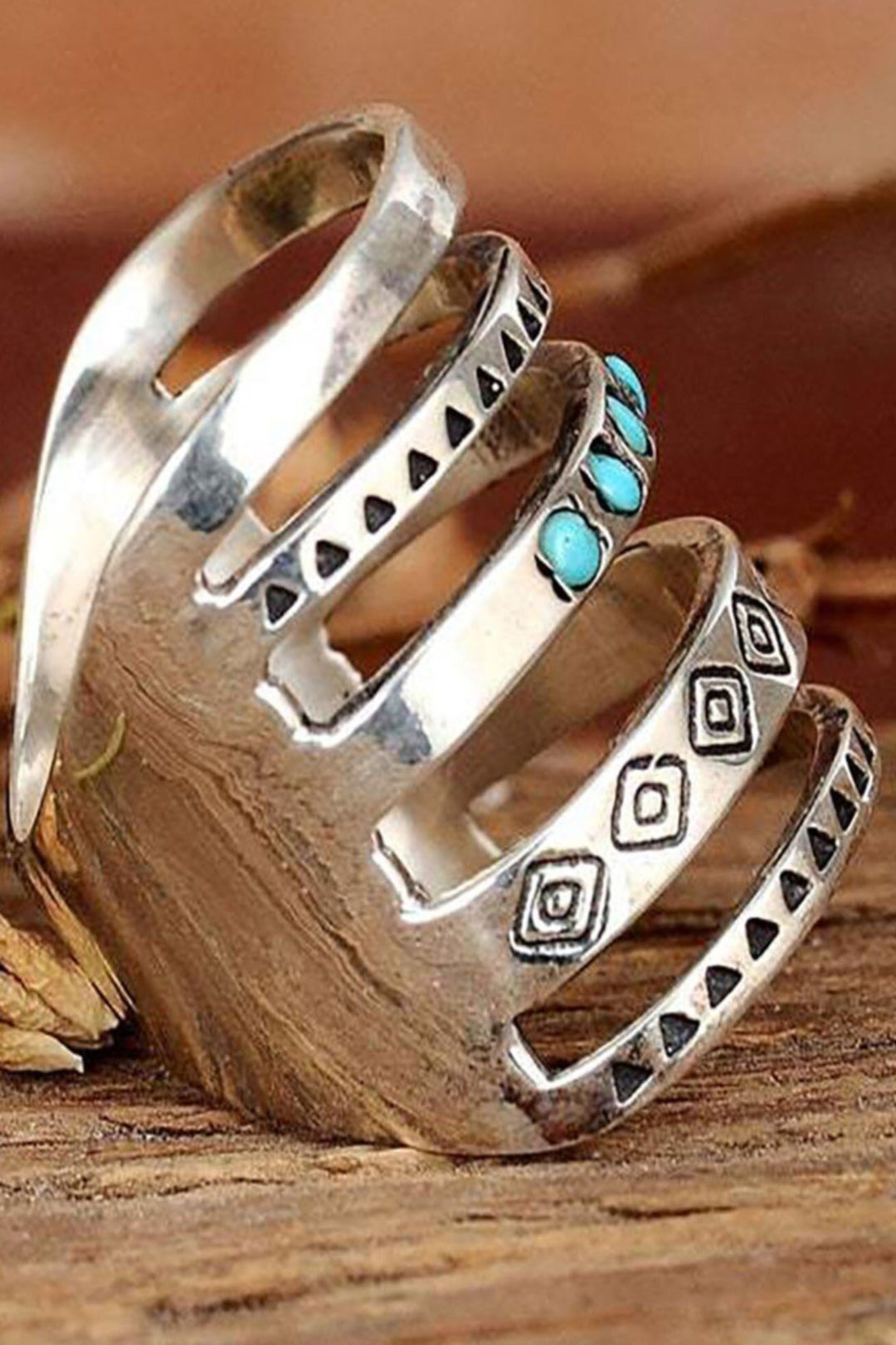 Silver Ring, Boho, Hippie Multi-layered Wide Ring, Geometric Design, Turquoise Beads (48 Hour Dispatch)