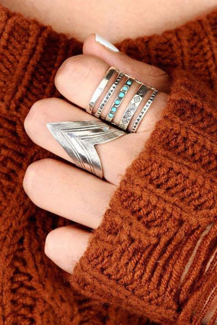 Silver Ring, Boho, Hippie Multi-layered Wide Ring, Geometric Design, Turquoise Beads (48 Hour Dispatch)