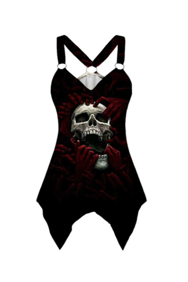 Y2K Gothic Graphic Tank Top, Crossover Back Strap, V-Neck Skull Punk Design Tank Top