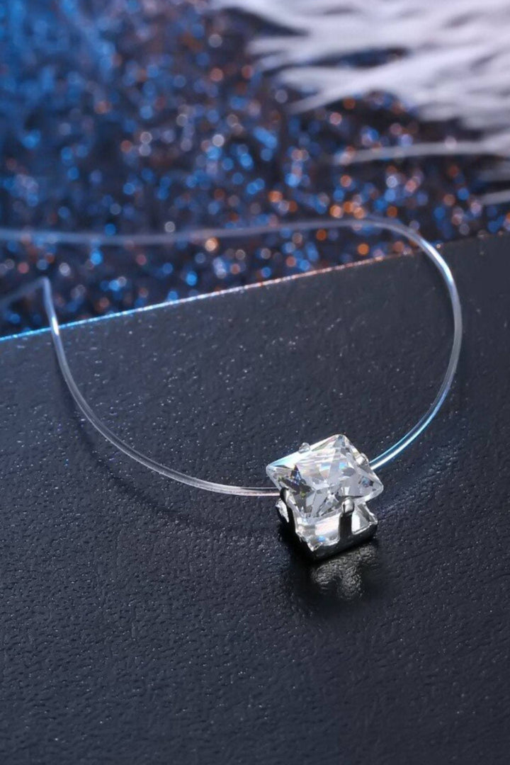 Zircon Pendant with Transparent Clear Invisible Chain, String, Cord,  Rhinestone Square Zircon Crystal Pendant Necklace, Silver Finish (48 Hour Dispatch)