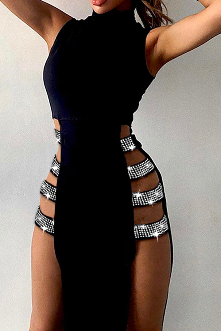 Black Rhinestone Embellished Double Split Thigh Side Slit Sleeveless Turtleneck Bodycon Maxi Dress