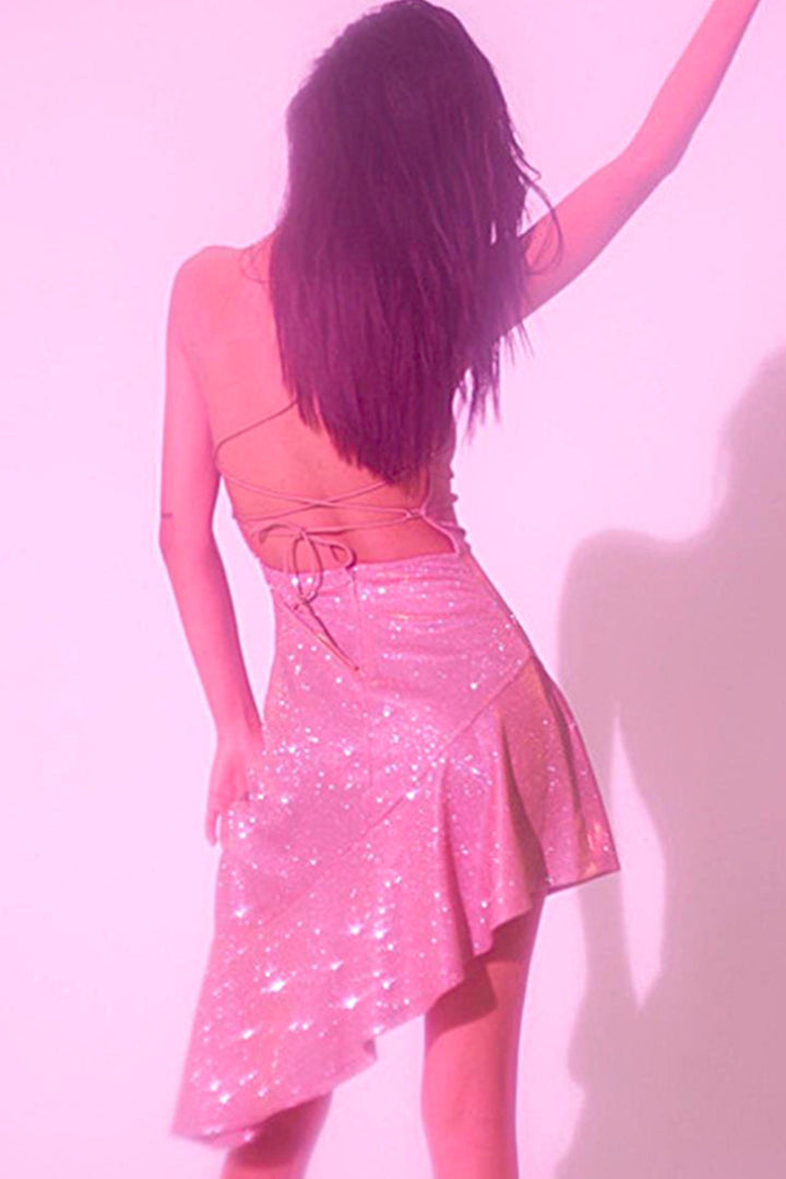 Pink Glittery Backless Bodycon Cami Dress, Asymmetric Split Thigh Spaghetti Strap Pink Dress, Tie Back Halterneck Y2K Dress