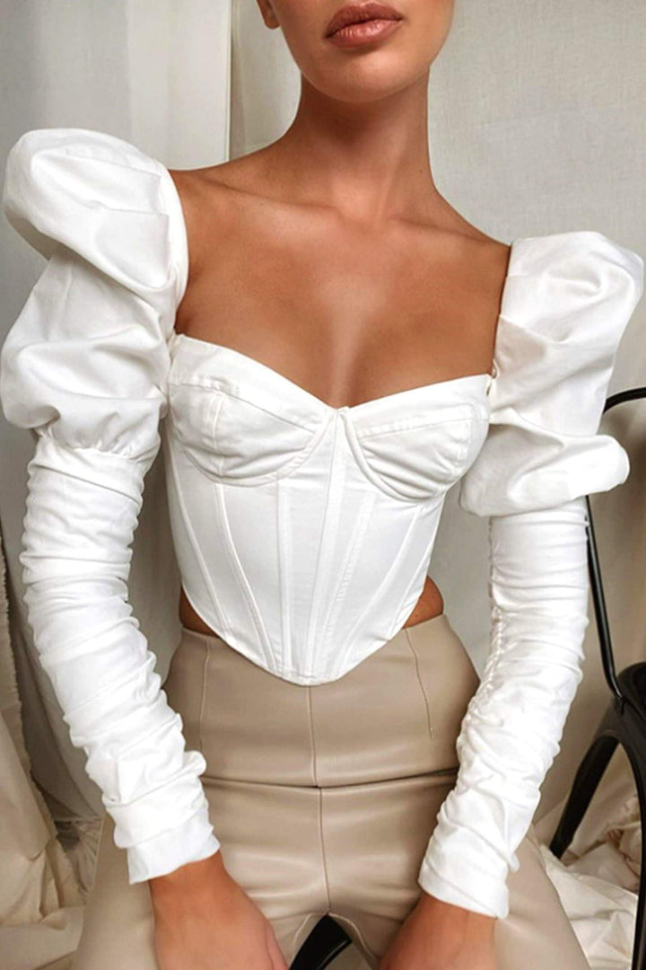 Puff Shoulder Boned Corset Top, Wired Bustier Crop Top, Square Neckline Long Sleeve Crop Top, Available in Black & White