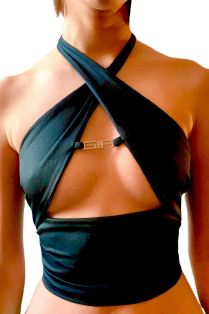 Halter Crop Top with Metal Detail, Sleeveless, Backless Cut-Out Top