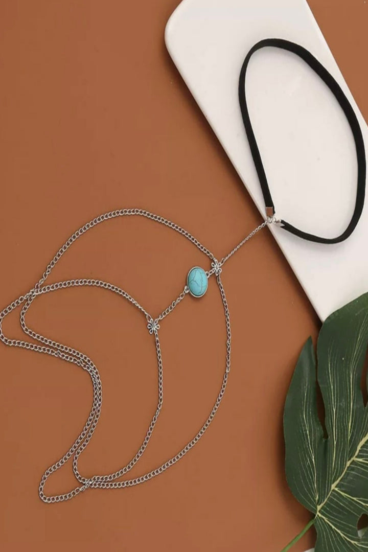 Silver Thigh Chain, Round Turquoise Colored Stone, Multilayer Thigh Chain, Leg Body Jewelry Layered for Holiday, Women Gift Present (48 Hour Dispatch)