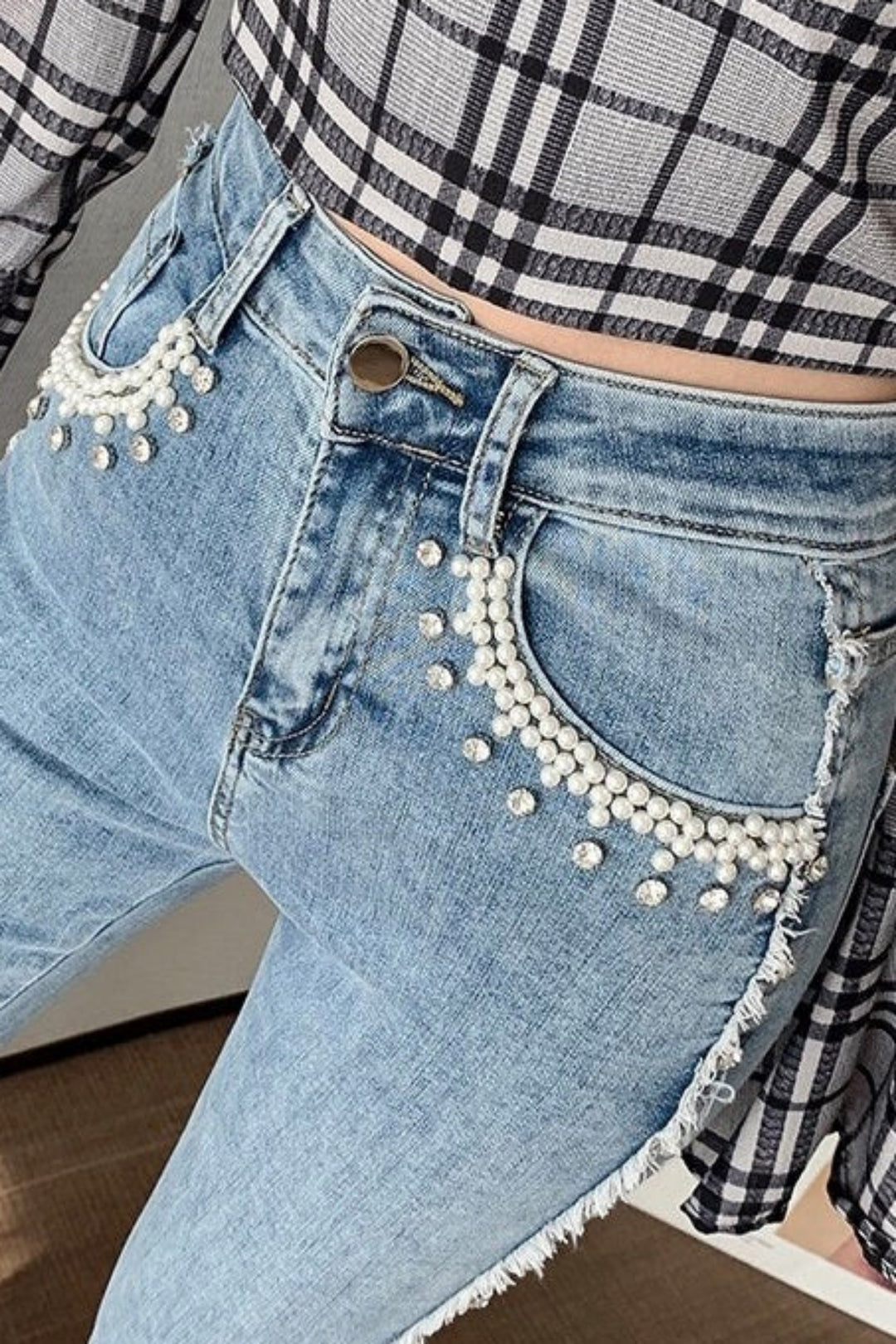 Y2K Crystal Rhinestone & Pearl Embellished Detailing Patchwork Flare Denim Jeans, Two Tone Flare, High Rise Flared Jeans