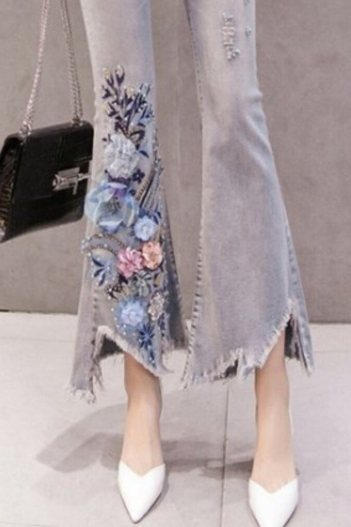 Flared Jeans, Floral Embellished Super Flare Frayed Hem Denim Jeans, Grey Wash High Rise Bell Bottom Ankle Length Jeans