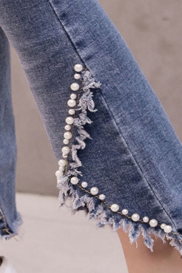 Split Front Pearl Embellished Frayed Hem Detail Denim Jeans, Blue Wash High Rise Jeans