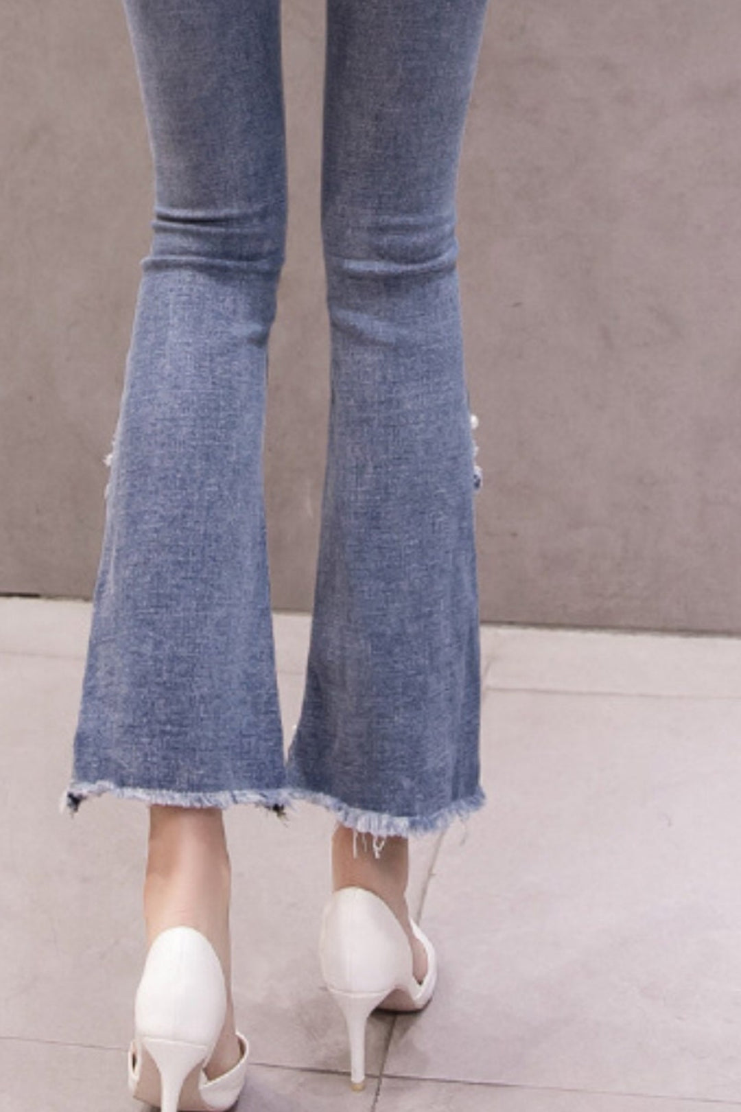 Split Front Pearl Embellished Frayed Hem Detail Denim Jeans, Blue Wash High Rise Jeans