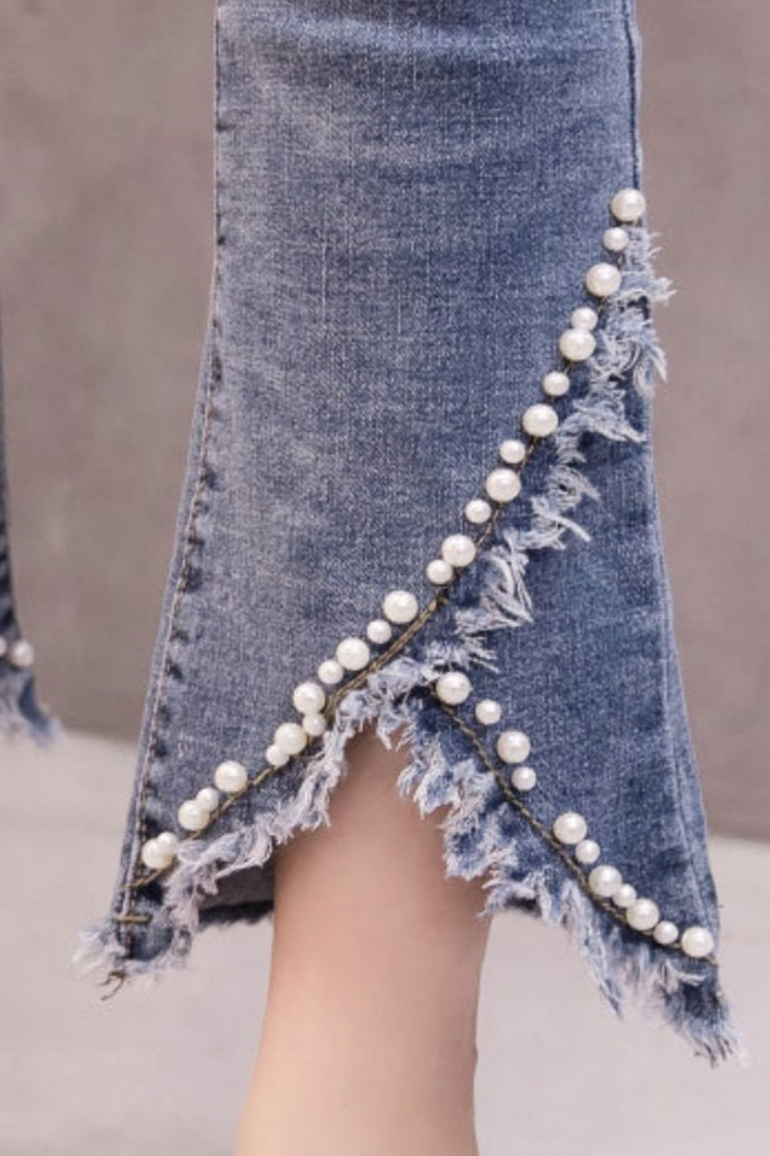 Split Front Pearl Embellished Frayed Hem Detail Denim Jeans, Blue Wash High Rise Jeans