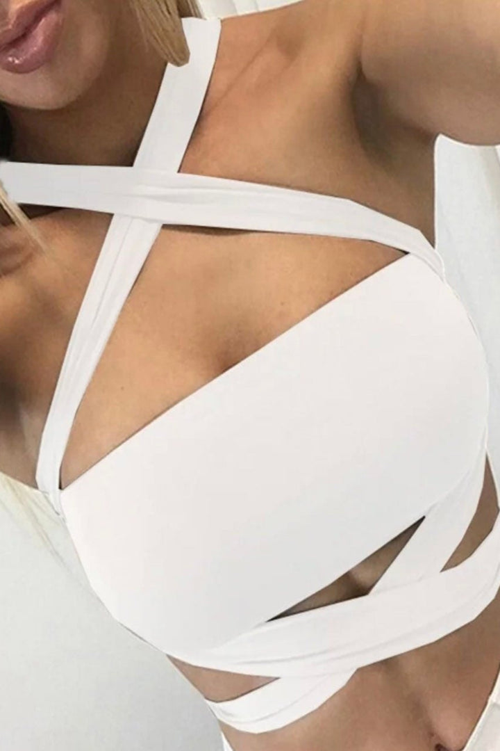 Criss Cross Bandage Wraparound Tie Back Design Crop Top, Available in Black & White