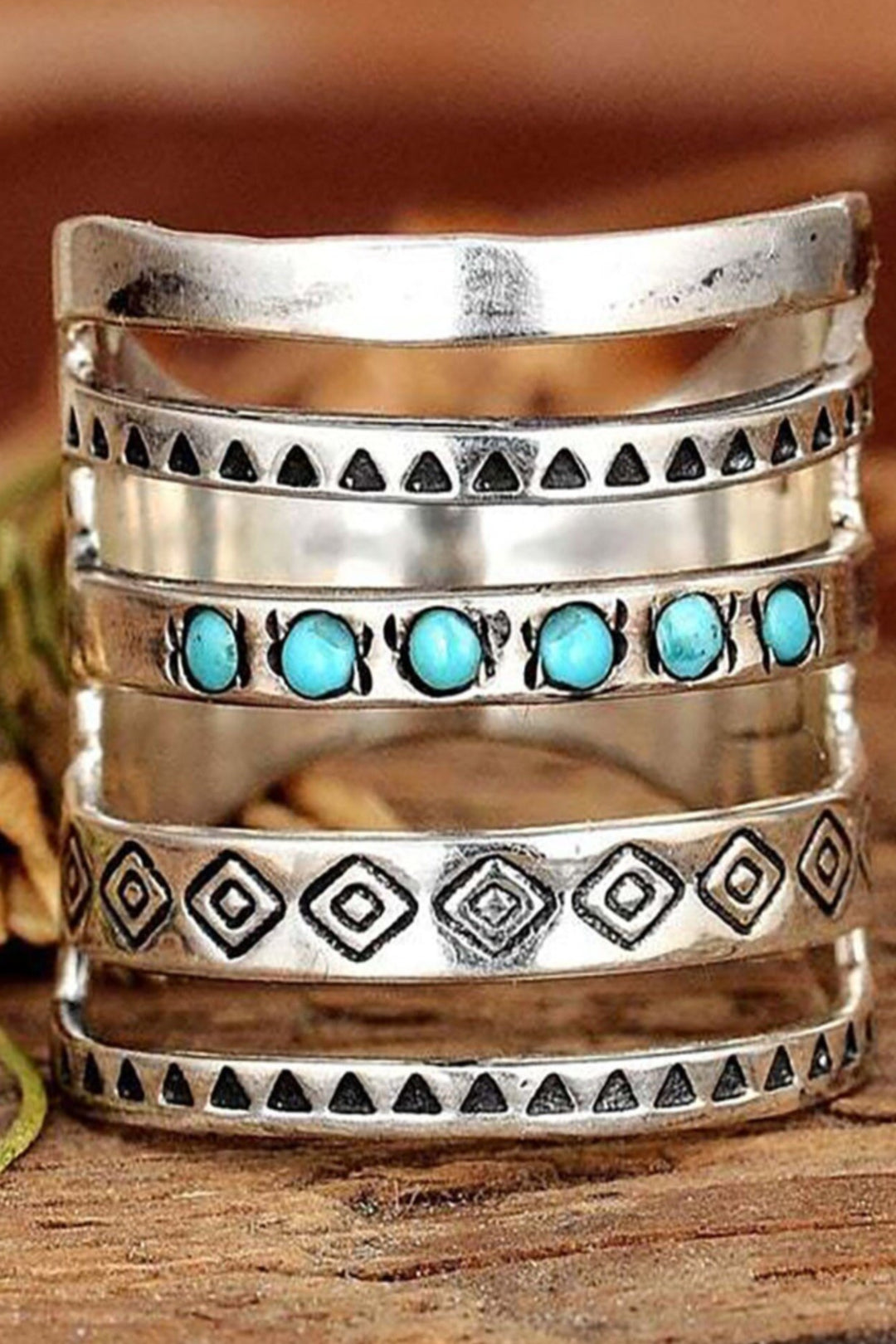 Silver Ring, Boho, Hippie Multi-layered Wide Ring, Geometric Design, Turquoise Beads (48 Hour Dispatch)