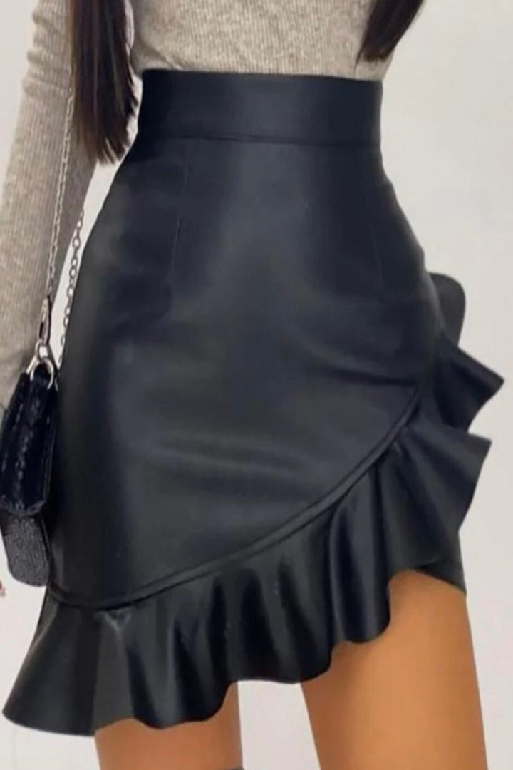 Black Solid Women PU Leather Ruffled Hip Skirt High Waist Shear Bodycon Pencil Skirt Zipper Streetwear Slim [MEASUREMENTS: See Description]