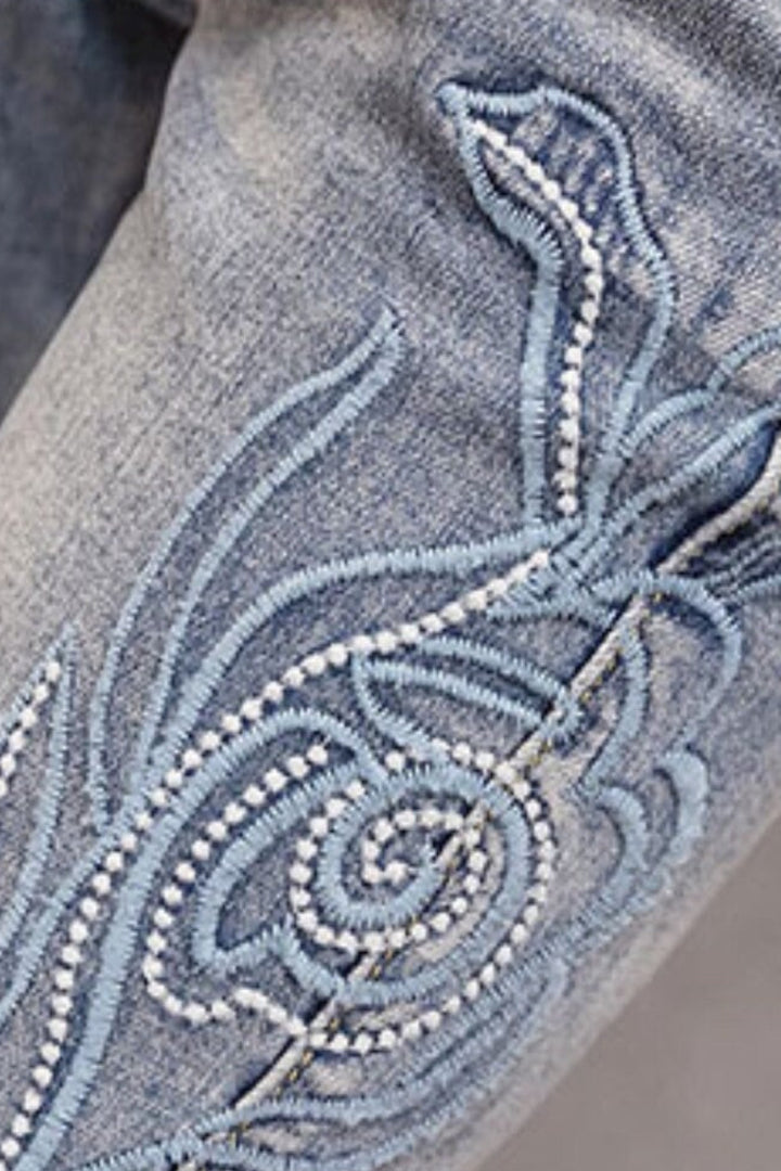 Y2K Floral Embroidered Minimalistic High Rise Denim Jeans, High Rise Flare Grey Wash Jeans