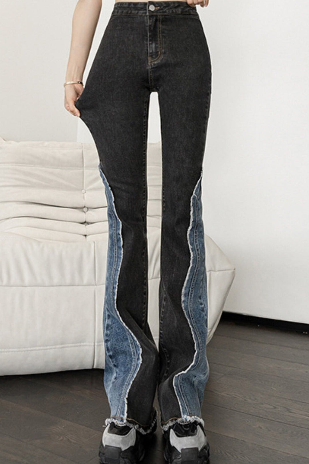 Black & Blue Wash Asymmetric Patchwork Denim Jeans, High Rise Flare Jeans