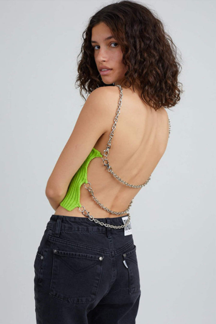 Green Backless Metal Chain Strap Crop Top, Chain Lace Design, Ribbed Jersey Material, Green Crop Top