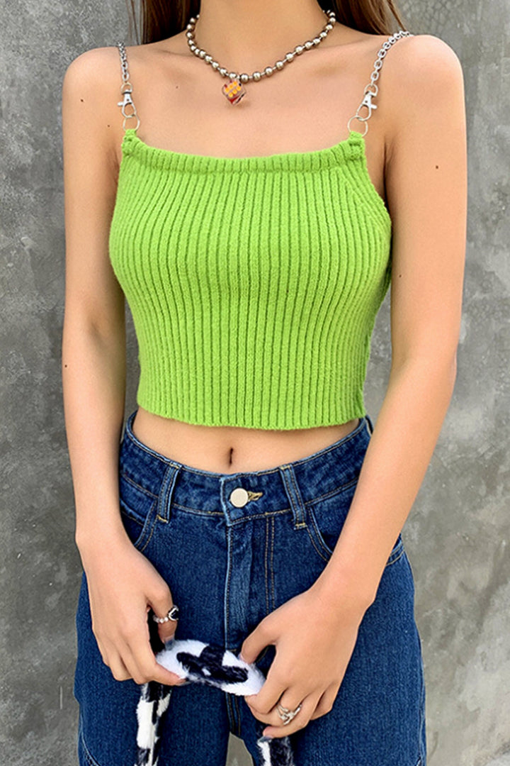 Green Backless Metal Chain Strap Crop Top, Chain Lace Design, Ribbed Jersey Material, Green Crop Top