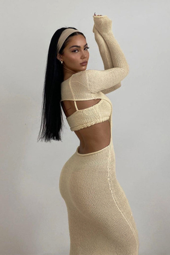 Beige Cut Out Backless Bodycon Maxi Dress with Bralette, Ribbed Jersey Material, Long Sleeve Dress, Two Piece Set